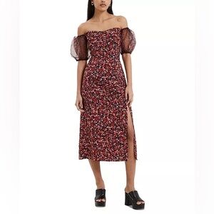 French Connection Red Floral Off-Shoulder Midi Dress with Puff Sleeves